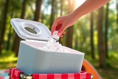 Portable mini ice maker used outdoors for camping and picnics.