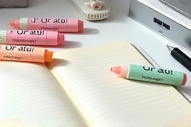Monami pastel highlighters on a desk with a notebook.