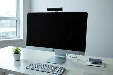 Modern desk with monitor and glare-reducing screenbar.