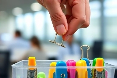Hand choosing a size of colorful metal double clip.