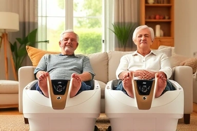 Elderly couple relaxing with foot baths, symbolizing comfort and health.