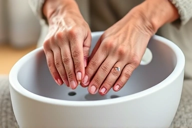 Close-up of elderly hands on a modern foot bath, showing care.