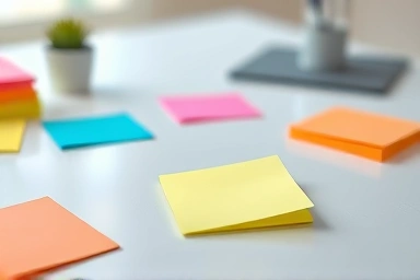 Organized desk with colorful Post-it notes for productivity.