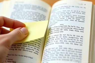 Transparent Post-it note marking a book page without obstruction.