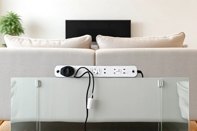 Modern living room with organized power strip and hidden cables.