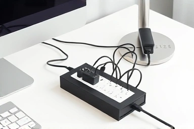 Desk organization with book-shaped power strip organizer and hidden cables.