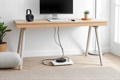 Modern desk with organized power strip and cables.