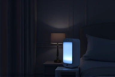 Peaceful bedroom with quiet air purifier at night.