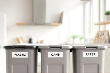 Modern kitchen with organized recycling bins.