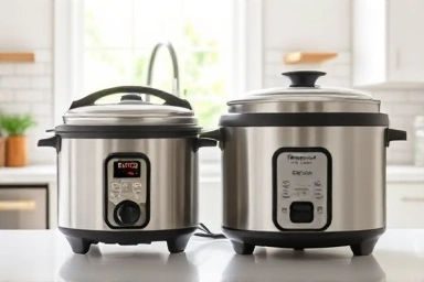 Two rice cookers of different sizes on a kitchen counter