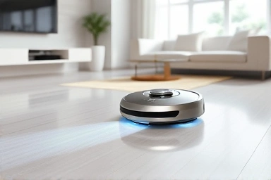 Futuristic robot vacuum cleaning a modern living room with steam effect.