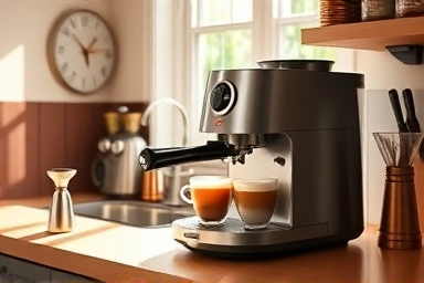 Home barista making latte art with semi-automatic espresso machine.