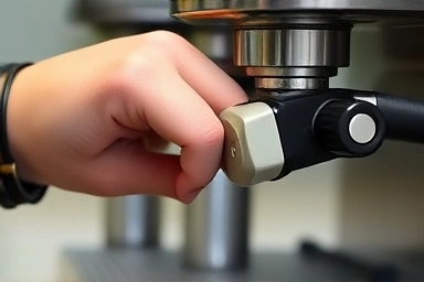 Close-up of hand adjusting coffee grinder for espresso.