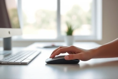 Modern office desk with a silent mouse, promoting focus.