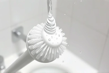 Rinsing a hygienic silicone toilet brush under water.