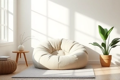 Cozy living room with a comfortable beanbag chair for one.