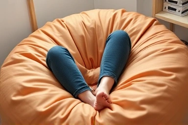 Person relaxing deeply in a body-contouring beanbag chair.