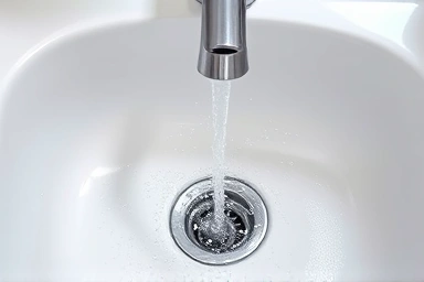 Clean kitchen sink with fresh water flowing down the drain.