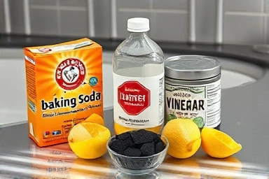 Natural ingredients for cleaning kitchen sink drain.