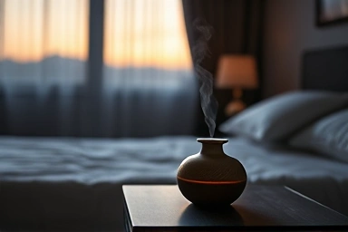 Serene bedroom with a calming aroma diffuser.