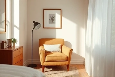 Cozy small bedroom with a stylish single armchair
