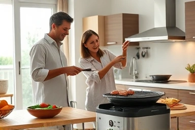 Family enjoying smokeless electric grill indoors, no smoke.