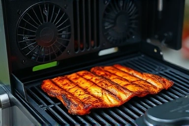 Close-up of smokeless electric grill technology, fan, and water trap.