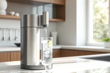 Modern kitchen with sparkling water maker and refreshing drink.