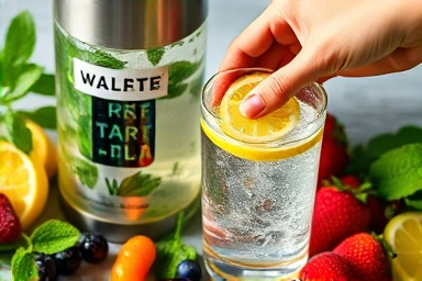 Healthy beverage creation with fresh fruits and carbonated water.