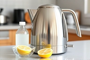 Clean stainless steel electric kettle with cleaning ingredients.