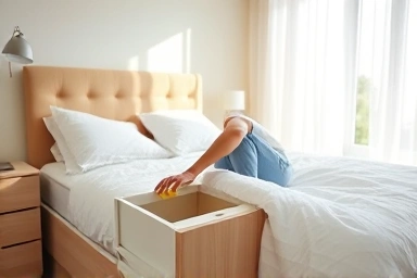 Person cleaning inside a storage bed frame for mold prevention.