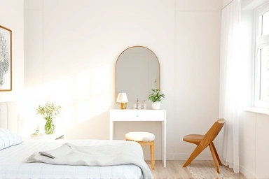 Modern compact vanity in a bright, organized newlywed bedroom.