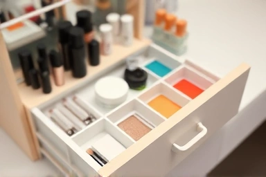 Neatly organized makeup and skincare in vanity drawer compartments.