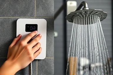 Close-up of shower controls and sunflower showerhead.