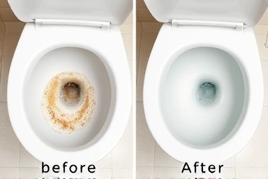 Before and after comparison of a clean toilet bowl.