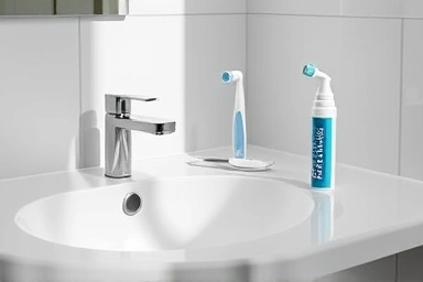 Modern bathroom sink with tongue cleaner, toothbrush, and toothpaste.