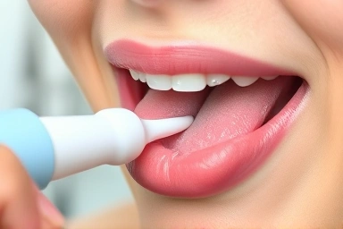 Gentle cleaning of a healthy tongue with a tongue cleaner.