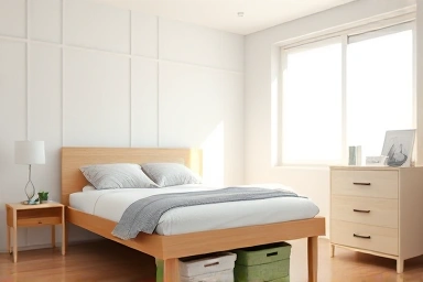 Bedroom with organized under-bed storage, bright and spacious.