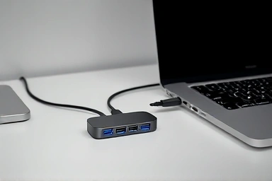 Modern laptop with USB-C multiport hub, enhanced productivity setup.