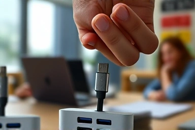 Connecting USB-C multiport hub for expanded laptop functionality.