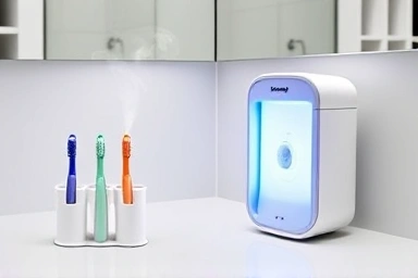 UV toothbrush sterilizer with drying function in a clean bathroom.