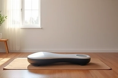 Quiet living room with vibration exercise machine on mat.