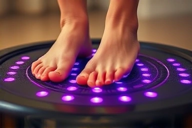 Close-up of feet on vibration machine, gentle energy waves.