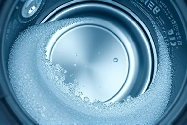 Sparkling clean washing machine drum with cleaning solution.