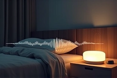 Serene bedroom with sleep lamp and white noise device for deep sleep.