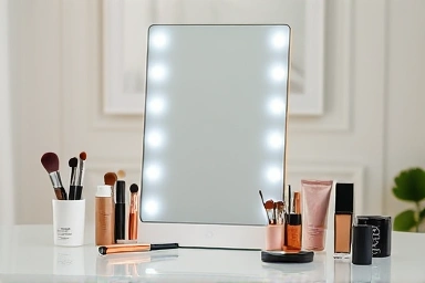 Sleek wireless LED makeup mirror on a vanity table.