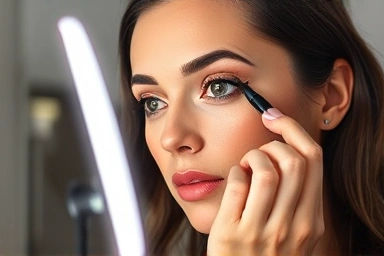 Woman applying makeup with precision using LED mirror.