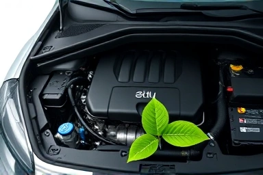 Car engine and green leaves symbolizing fuel efficiency