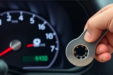 Car dashboard fuel economy and mechanic's hand with wrench