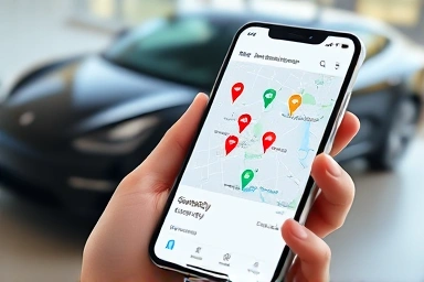 Hand holding smartphone showing EV subsidy map, with electric car in background.